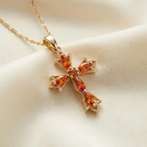Vintage 14k Yellow Gold Orange Garnet Citrine Marquise Gemstone Cross Necklace